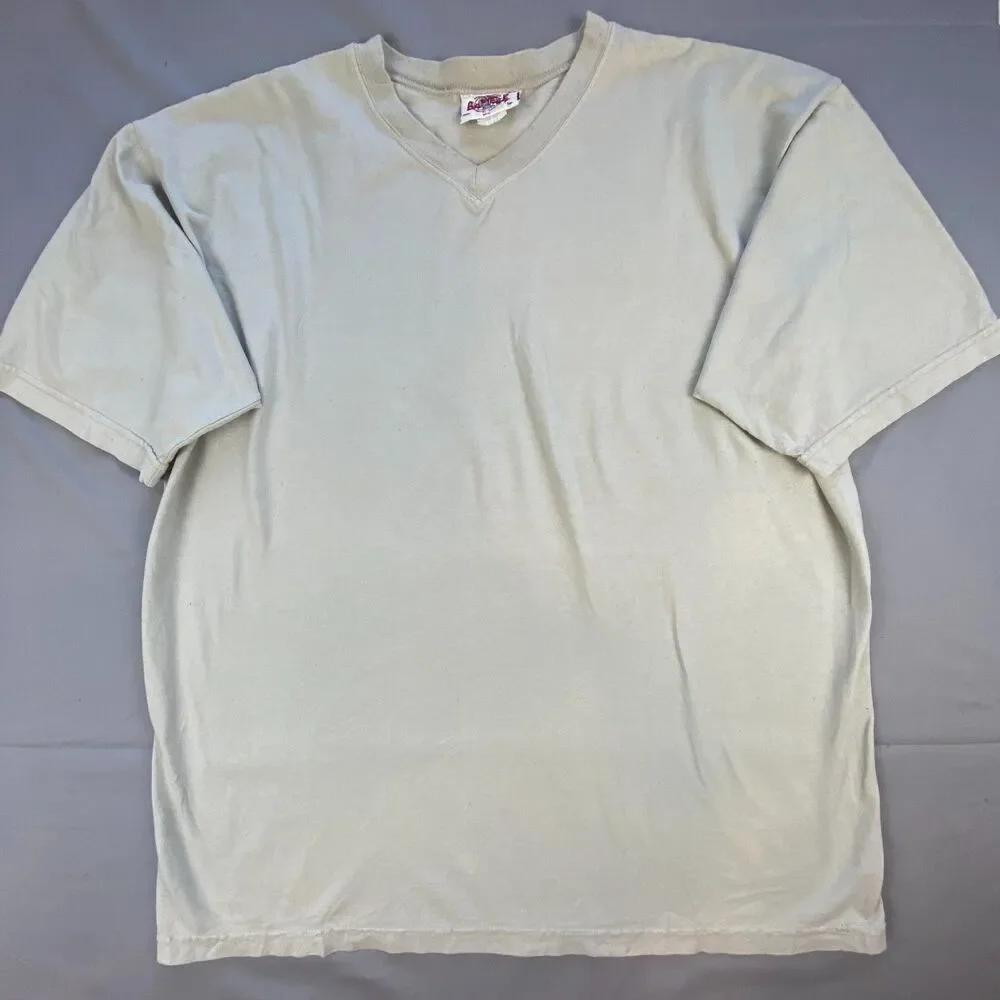 Vintage Best Mens V-Neck T-Shirt Short Sleeve Solid Beige Tan Plain Tee Size L